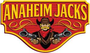Anaheim Jack (Logo) holding two pistols and wearing cowboy accessories
